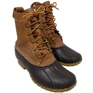 LL Bean Tan Leather Dark Brown Rubber Waterproof Duck Boots Women's Size 6 M